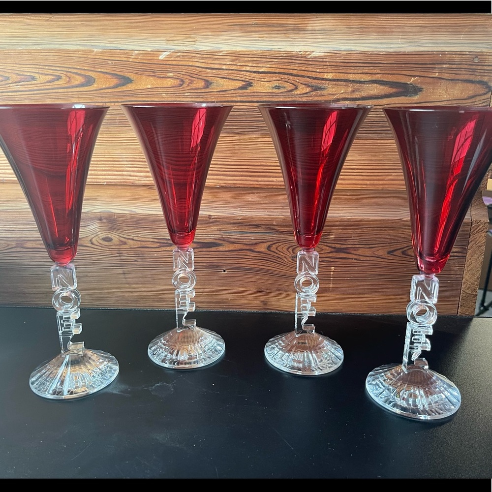 Fluted Red Champagne Glasses w/NoelBase, Lead Crystal